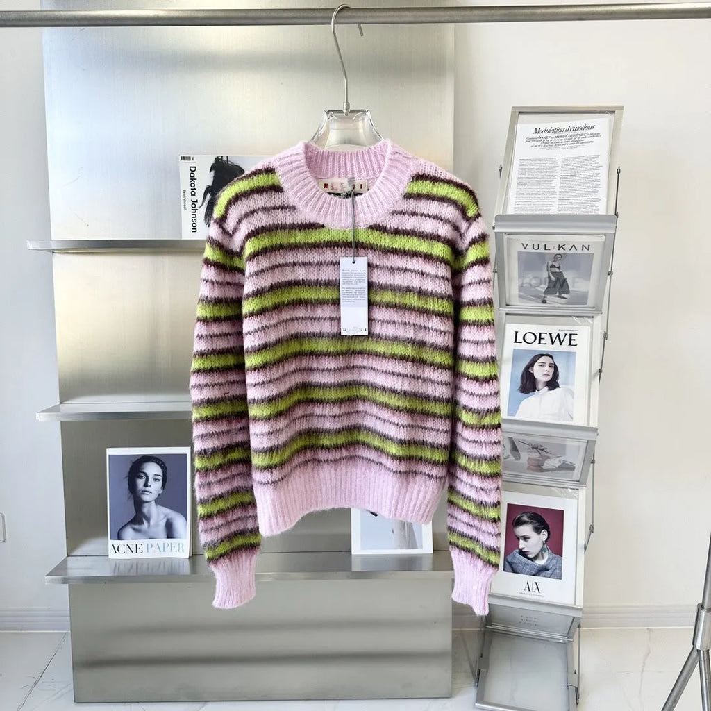 Pink wool knitted cardigan sweater with contrast colour detailing and regular sleeves