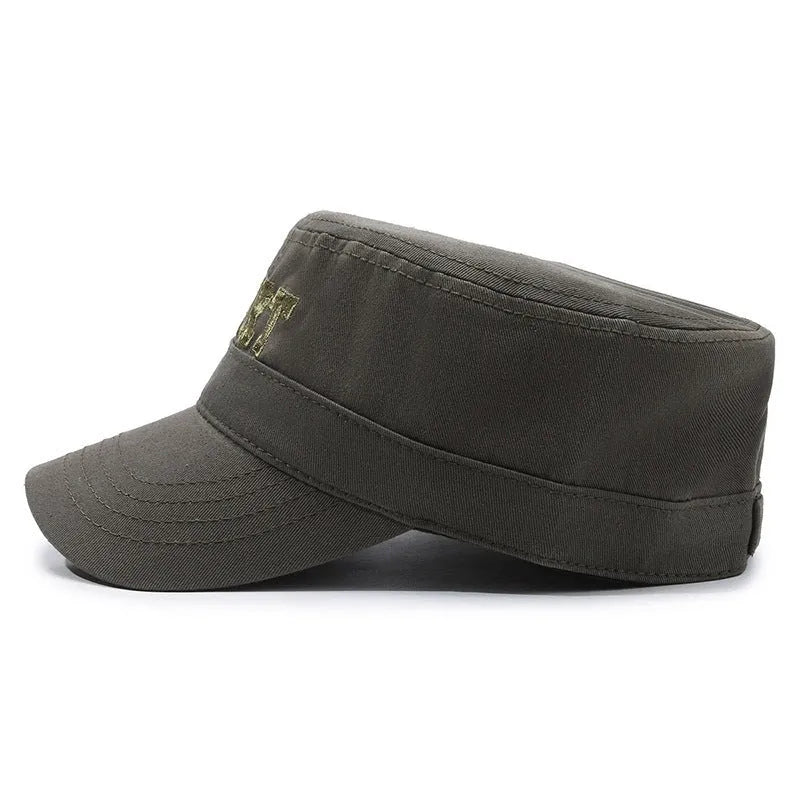 Men's adjustable cotton flat-top peaked cap in army green colour showing dome crown