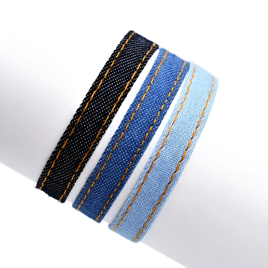 Denim fabric bracelet strap with leather adjustable cord in multiple colour options