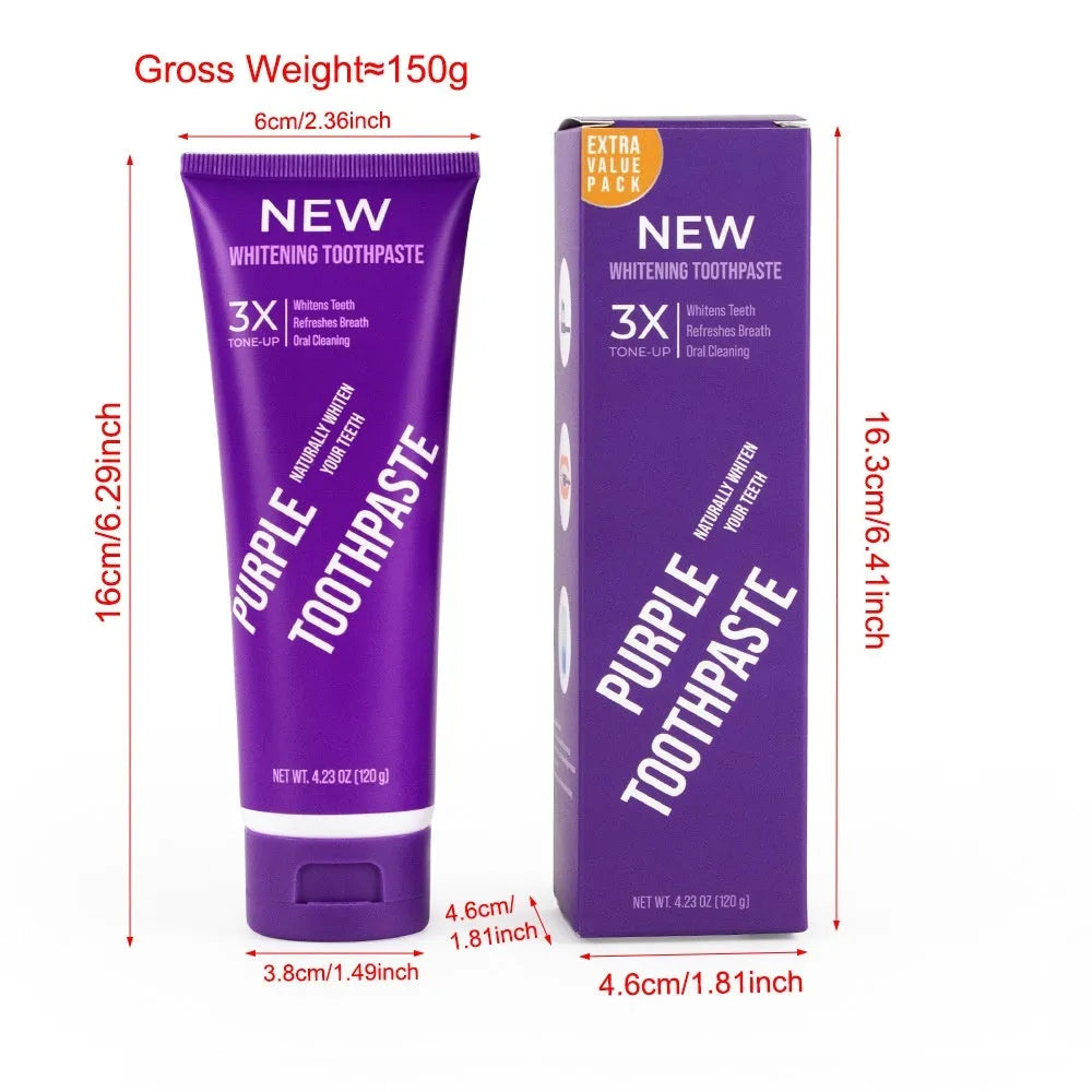 Purple whitening toothpaste tube for adults, 120g size for yellow stain removal