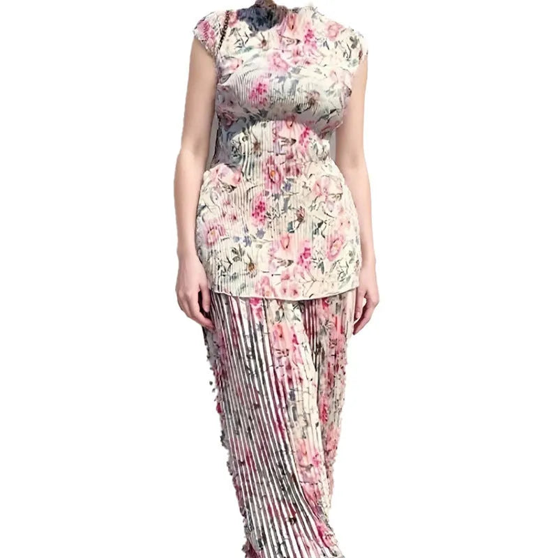 Women's long sleeve printed chiffon dress set with high-waist skirt and matching top