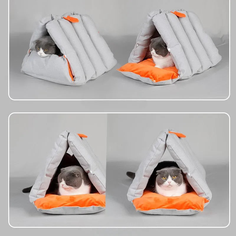 Blue triangular cotton cat bed with a removable cover, showing drilled holes on the side for combination.
