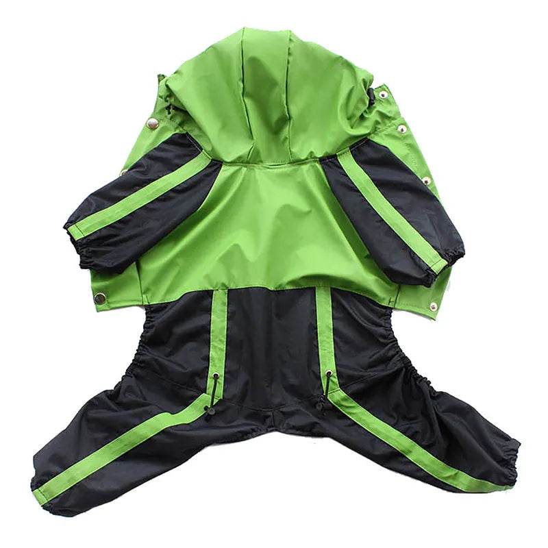 Large dog pet raincoat in green made from waterproof nylon with adjustable size for outdoor wet weather walking