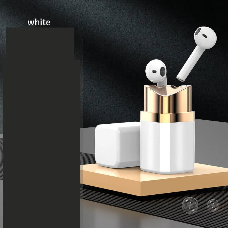 Lipstick-style wireless Bluetooth earbuds in charging case with curved in-ear design available in four colours