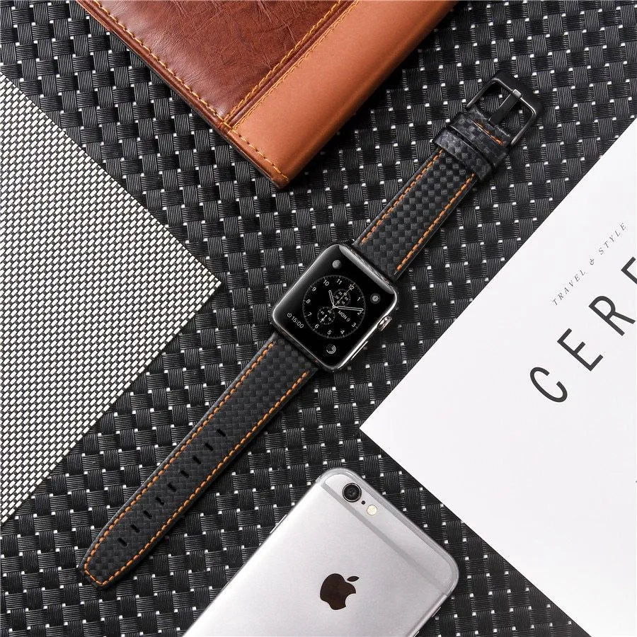 Carbon fibre pattern leather Apple Watch strap case in black, blue, orange, and red colour options.