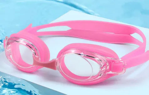Adult myopia swimming goggles with anti-fog lenses in a black frame, shown with a protective hard case.