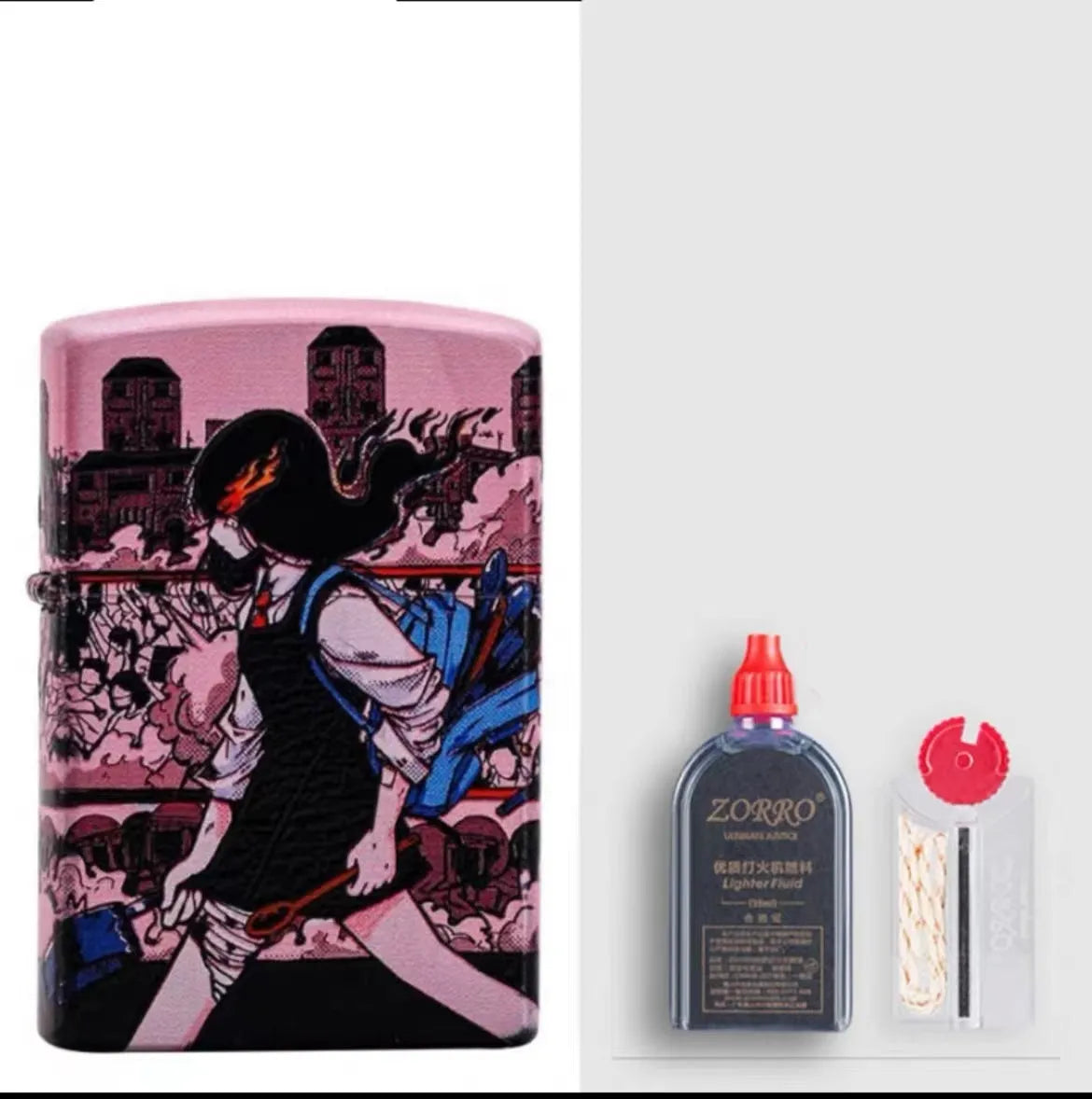 Windproof kerosene lighter with decorative copper case showing artistic design