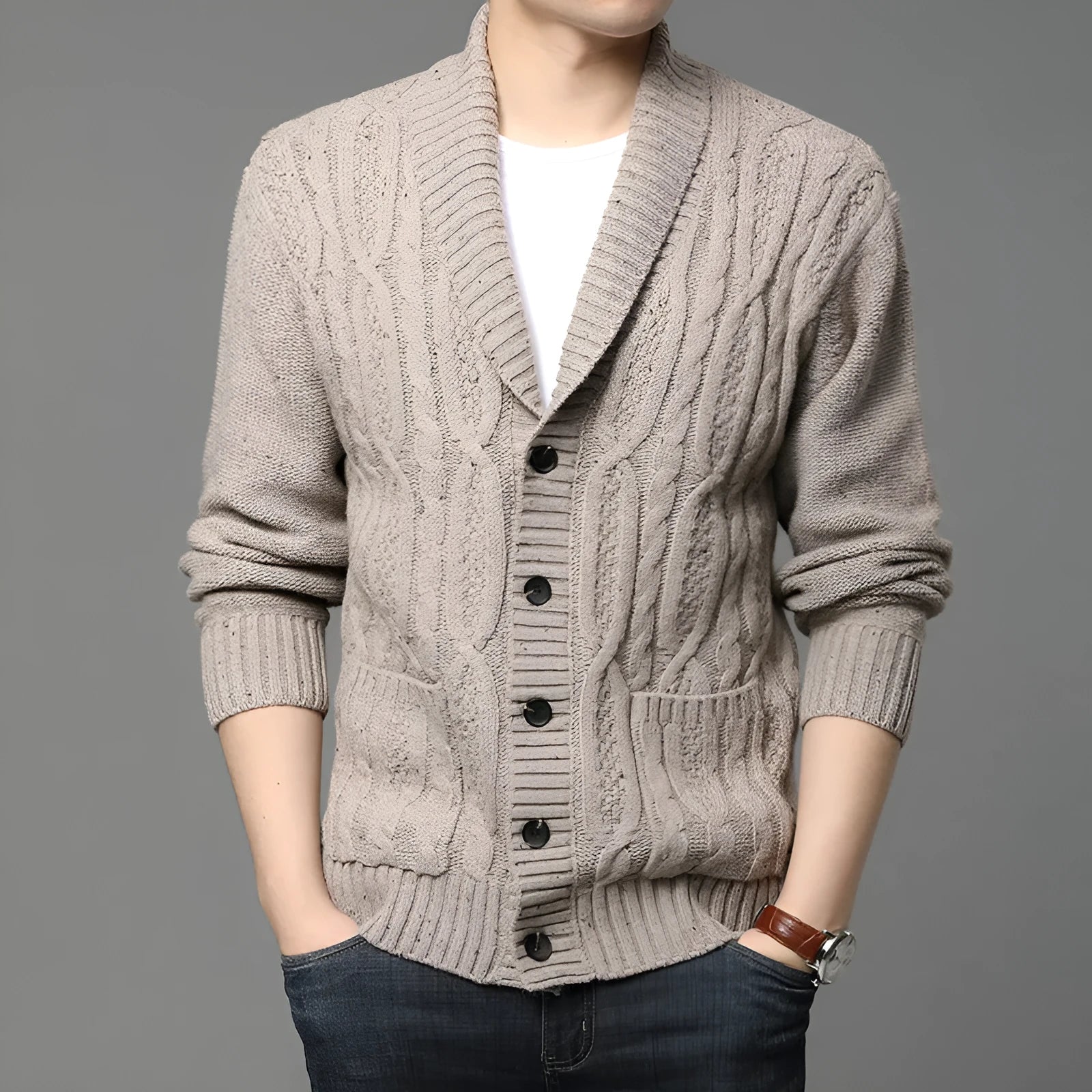Men's Korean style jacquard patterned knitted cardigan jacket in straight cut with thickening polyester blend fabric