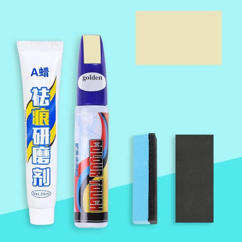 Automotive paint repair pen kit with touch-up fluid, scratch wax, sponge, and sandpaper.