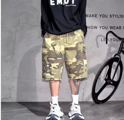 Men's camouflage pattern shorts with retro workwear styling and loose cropped fit