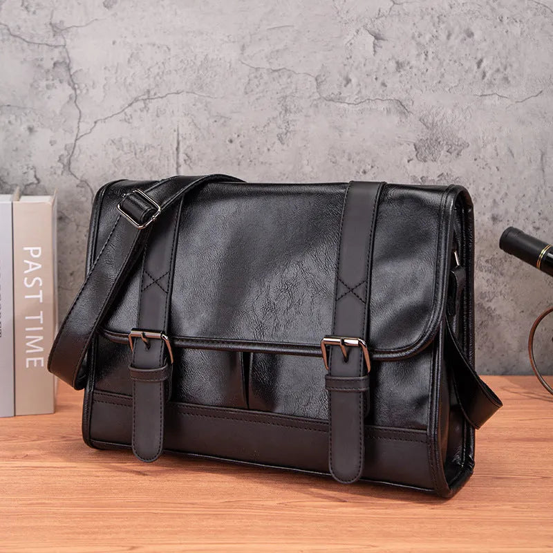 Black Korean style men's anti-theft commuter backpack with PU construction