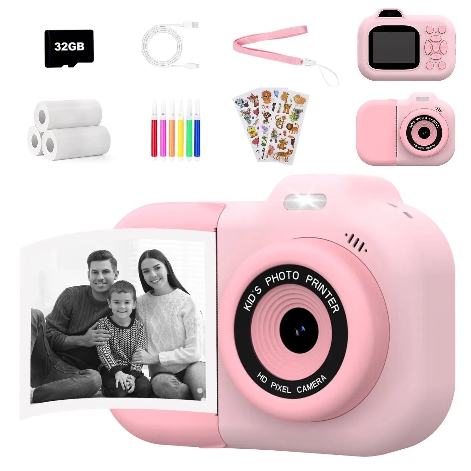 Children's plastic digital camera in pink, blue or purple colour with charging cable