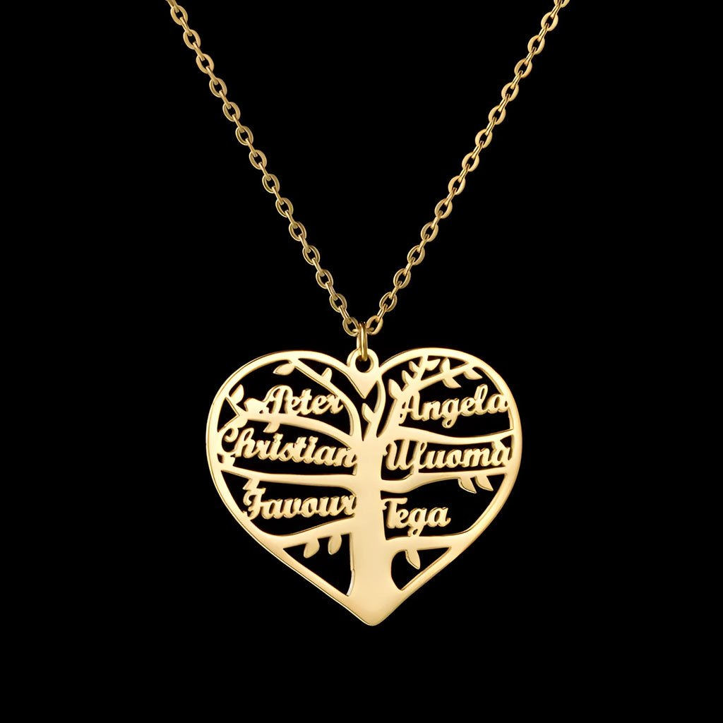 Custom stainless steel name necklace with family tree and hollow heart pendant in gold, silver, or rose gold.