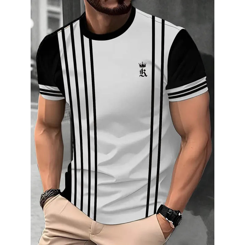 Men's loose fit short sleeve T-shirt with digital 3D printed stripe pattern in polyester fabric