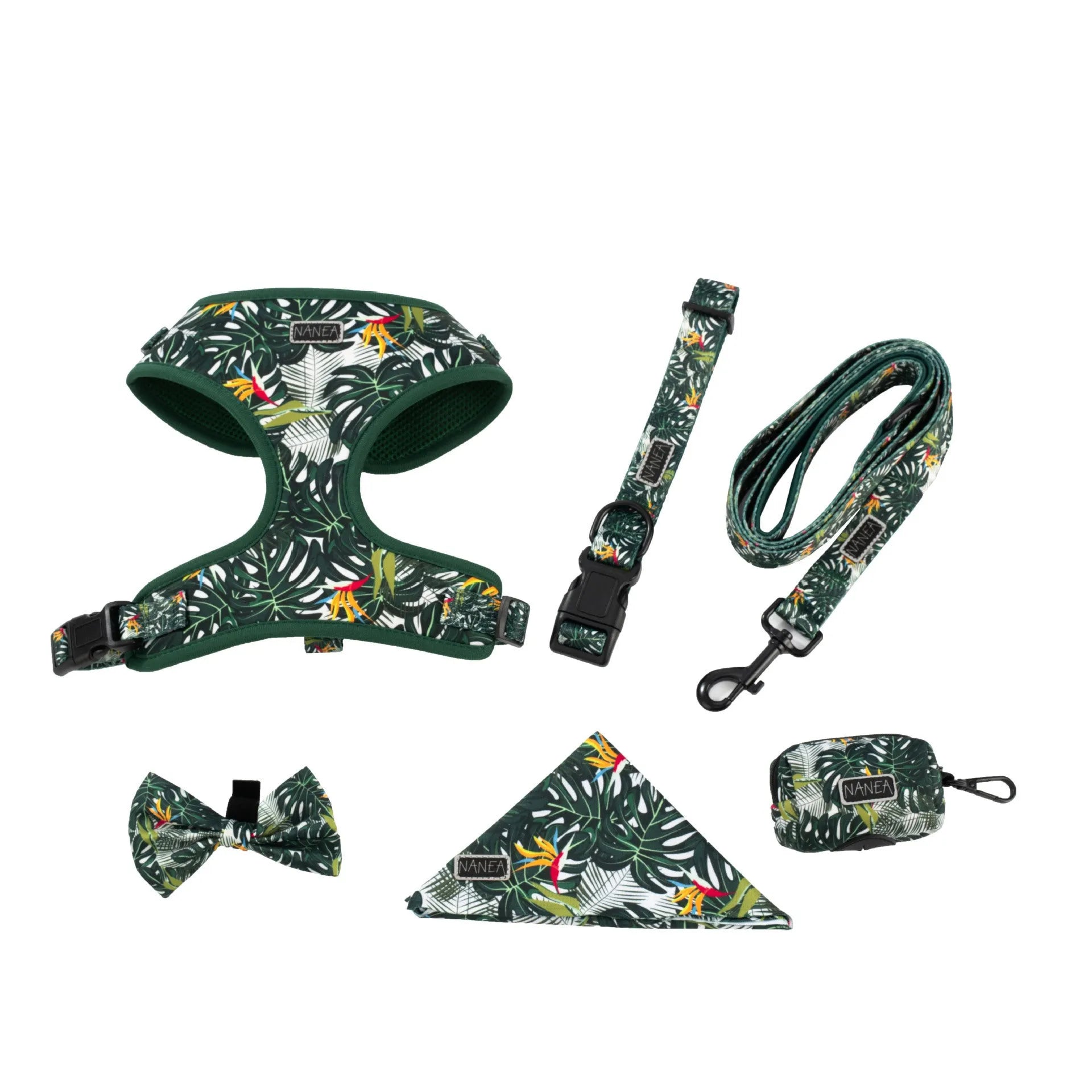 Six-piece adjustable cloth dog harness set with leash, collar, bow, towel, and clean-up bag in S, M, L sizes.
