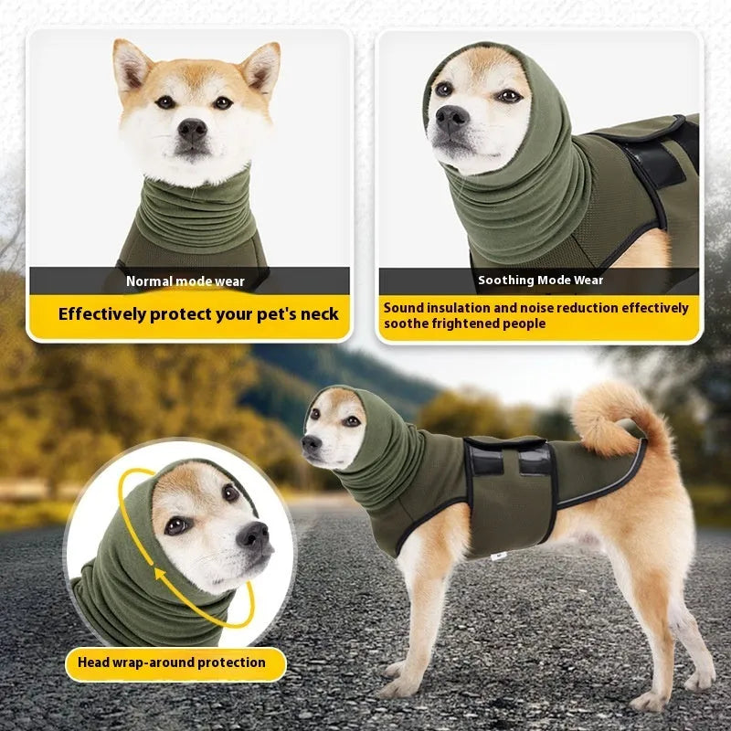 Army green dog anxiety jacket on medium-sized dog showing calming pressure design