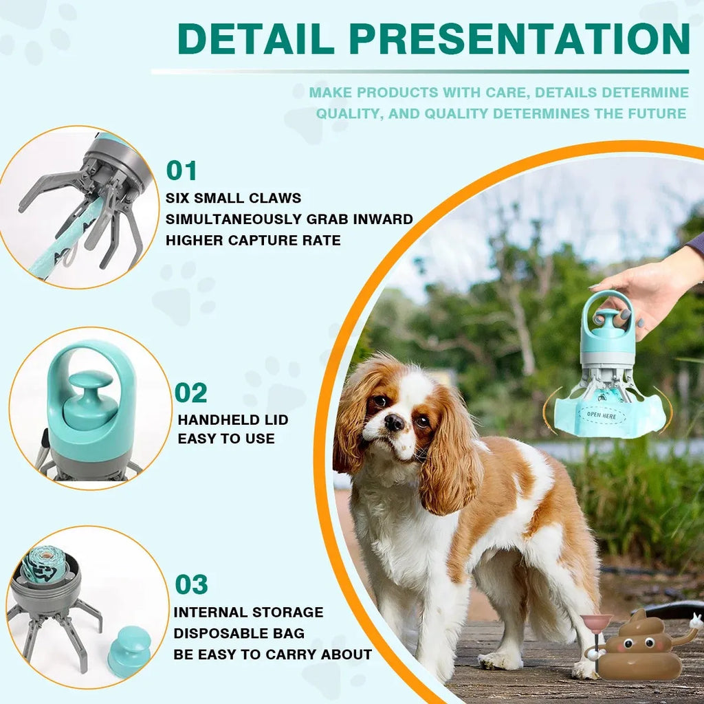 Blue pet pooper scooper with claw design and integrated garbage bag dispenser