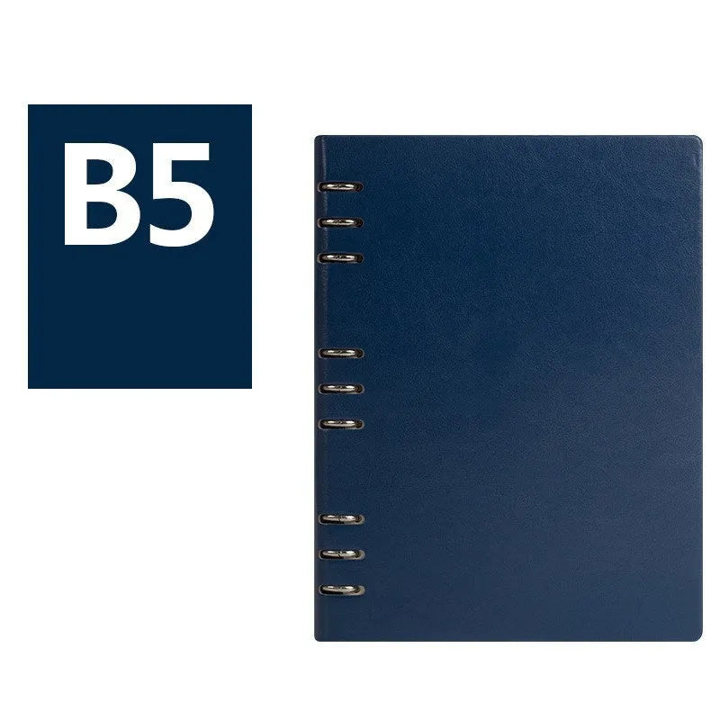Imitation leather loose-leaf notebook in red, shown open, with A5, A6, and B5 size options.