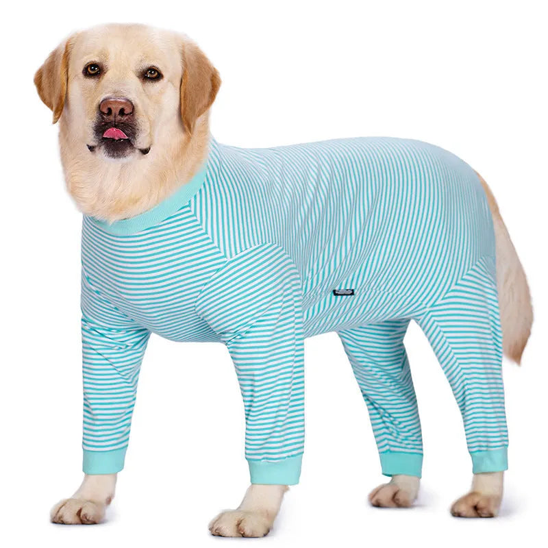 Striped four-legged dog shirt on a Golden Retriever, available in sky blue, brown, and black dark blue stripe.