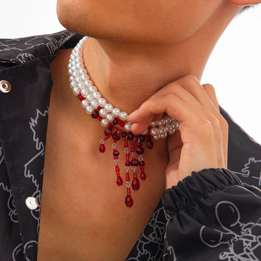 Halloween blood drop tassel necklace with artificial crystal pendant on adjustable chain