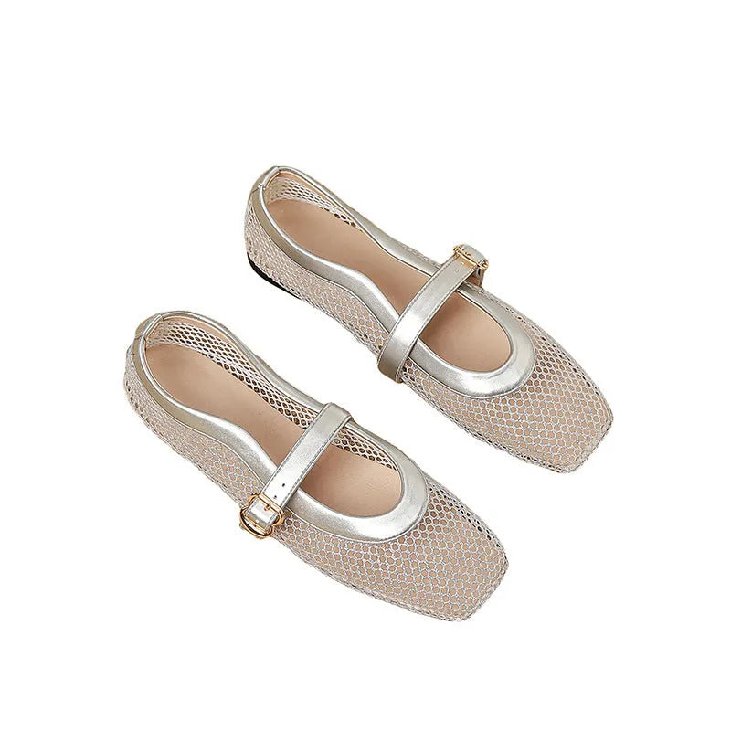 Women's beige mesh pump with square toe and adjustable buckle on flat heel.