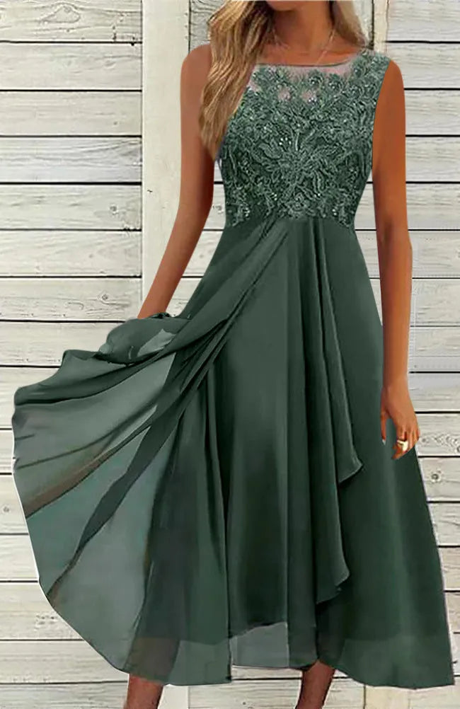 Women's sleeveless chiffon dress with lace hollow-out stitching in green, shown in midi length princess style