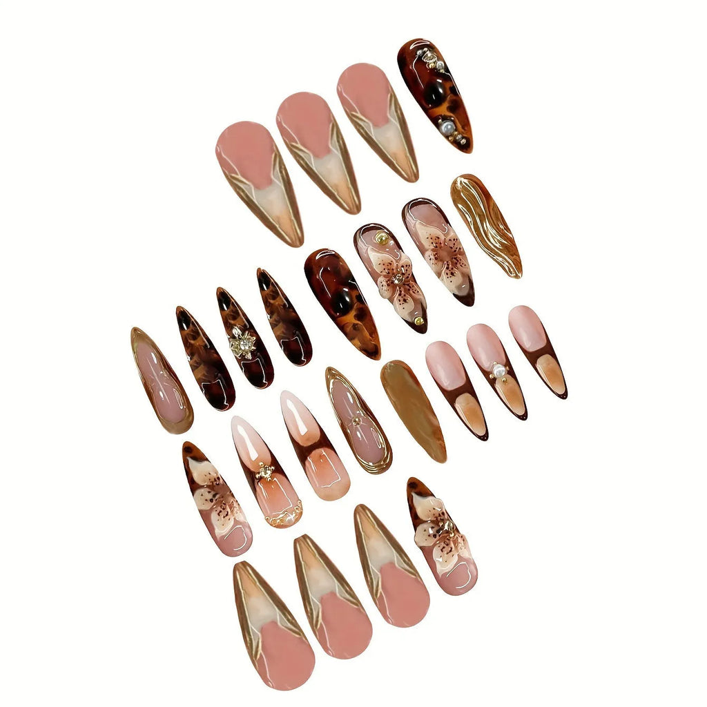 Women's press-on nails with sparkling floral design in colour XM325, medium length