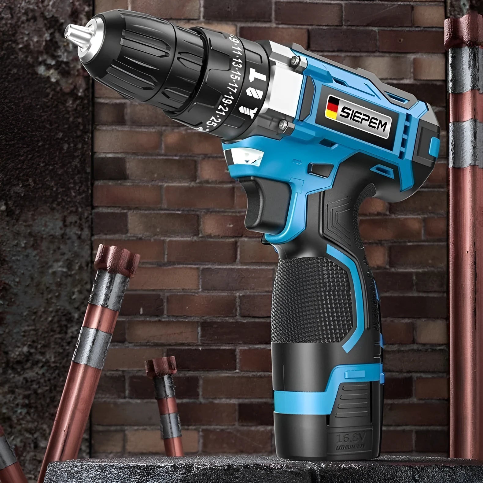 12V dual speed pistol grip impact drill and electric screwdriver set in a plastic storage box.