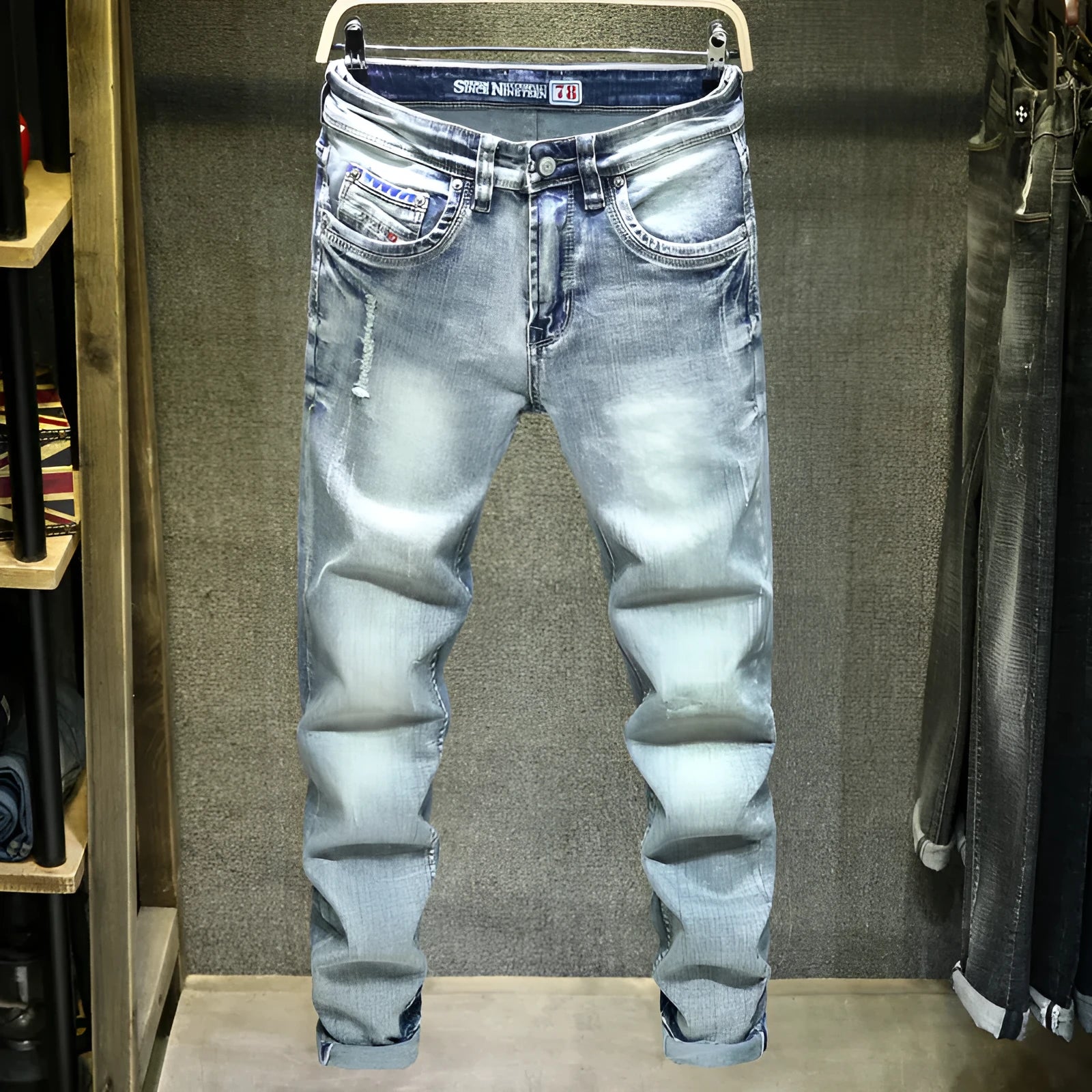 Men's light blue ripped casual jeans in cotton with distressed details, size 28 to 38