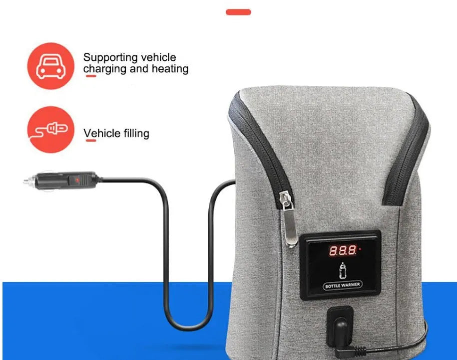 Grey Oxford cloth portable baby bottle warmer with digital display and car USB charger