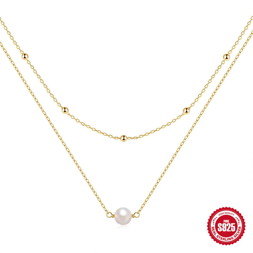 S925 sterling silver women's double layer pearl necklace with ball bead chain in gold colour