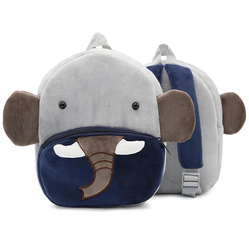 Plush children's backpack with animal design showing soft texture and zipper opening