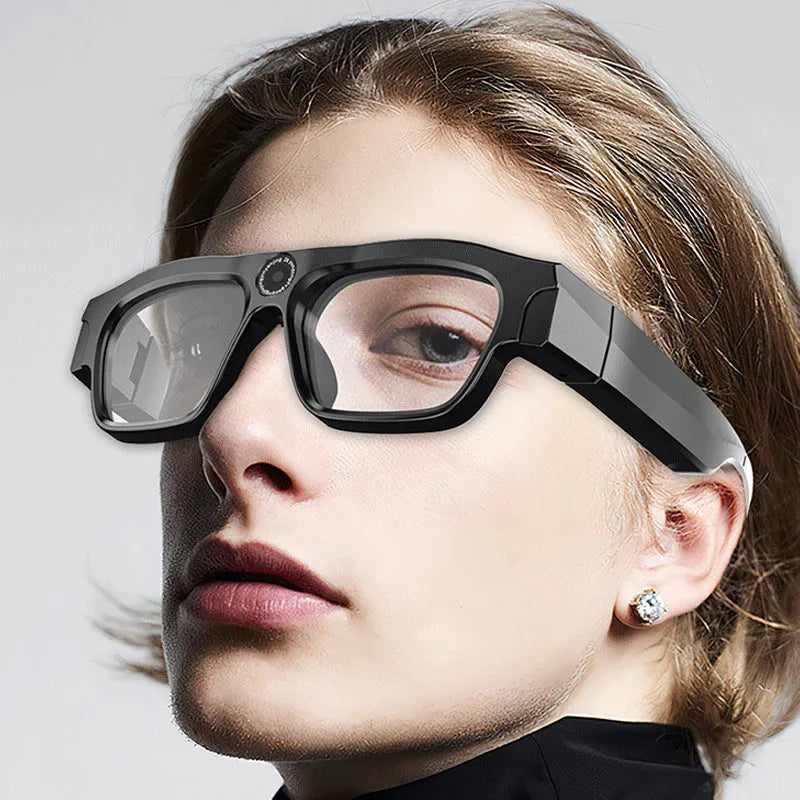 Black head-mounted smart Bluetooth glasses with transparent lens and camera for video recording