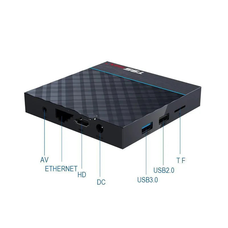 Black T95 Max Plus Android TV Box with remote control, showing choice of US, EU and UK power plugs.
