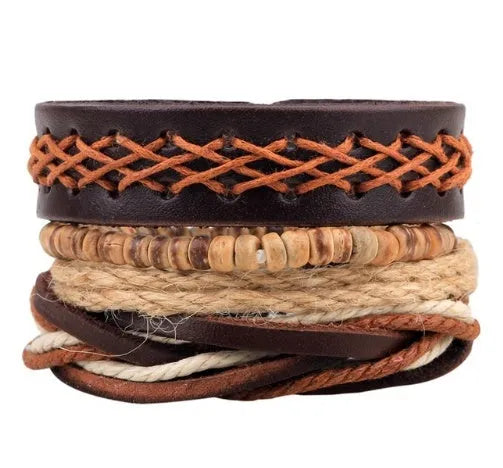 Handmade leather wrap bracelet with wooden beads and adjustable closure for men and women