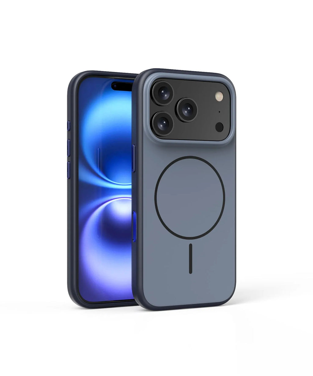 Magnetic frosted phone case for iPhone 16 and 17 in blue, showing contrast colour style.