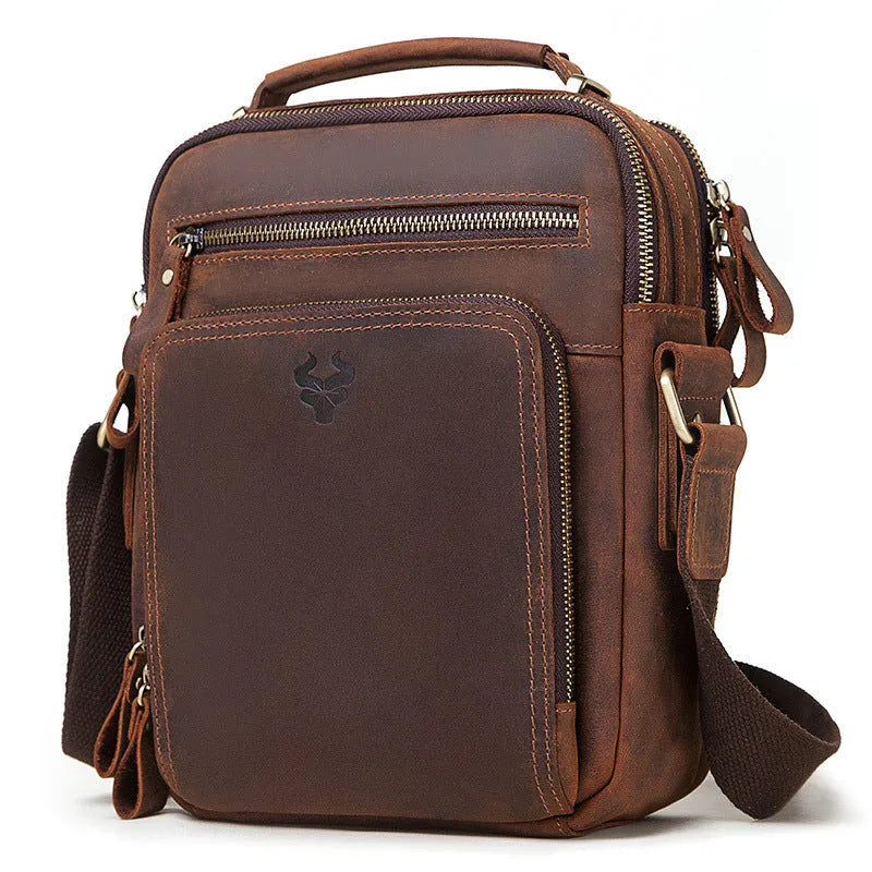 Men's brown genuine leather crossbody bag with retro style and visible stitching