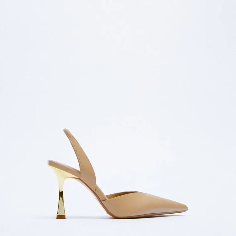 Women's pointed patent leather high heels in black and apricot colours with shallow mouth design