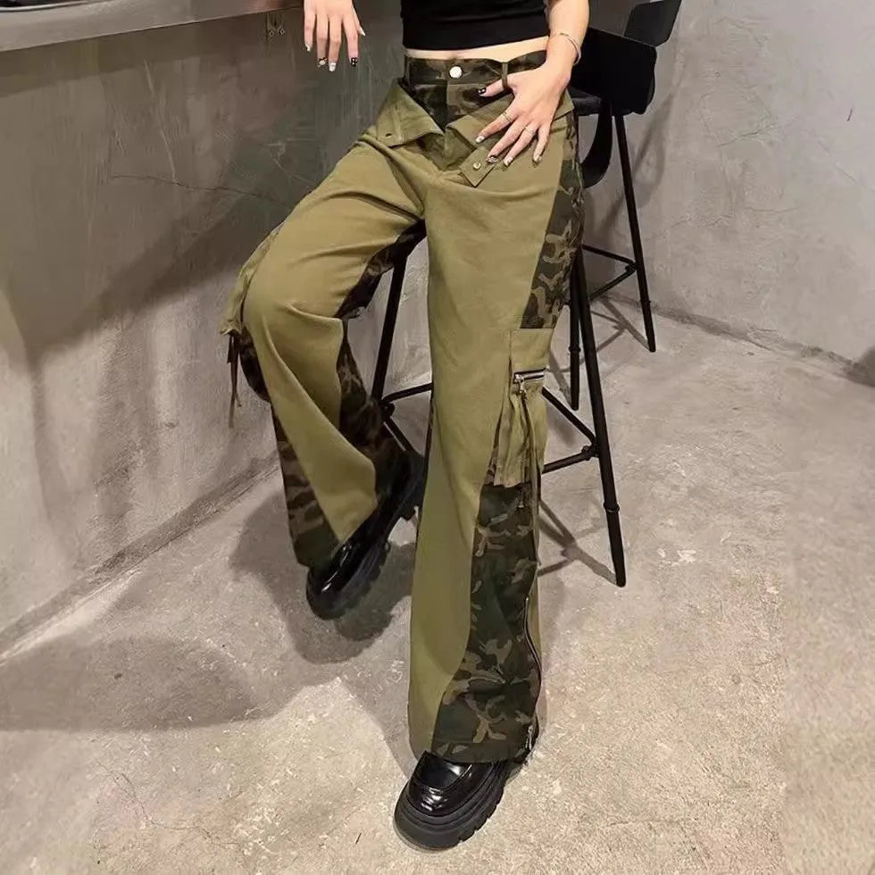 Women's high-waisted dark khaki jeans with leopard print and fake contrast stitching in a straight-leg style.