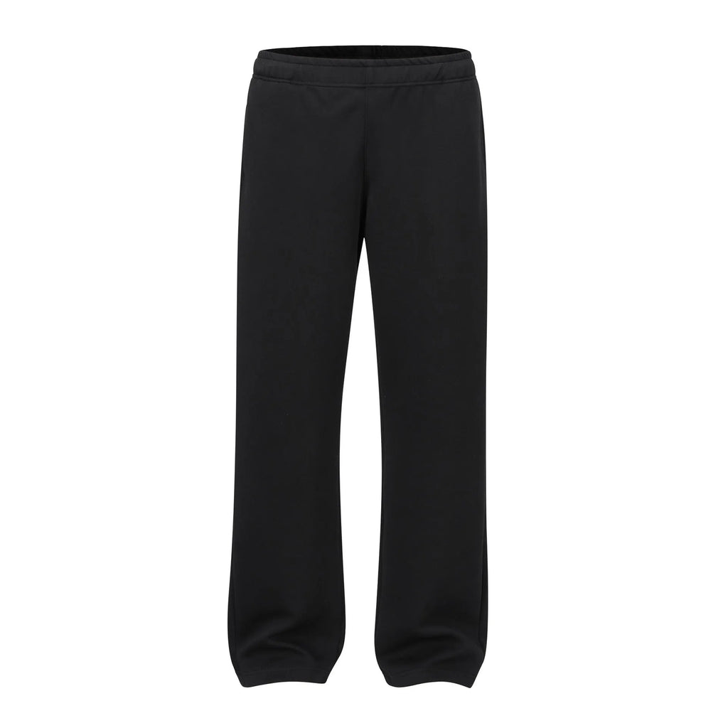 Men's straight-leg cotton casual trousers in solid black colour showing mid-waist design
