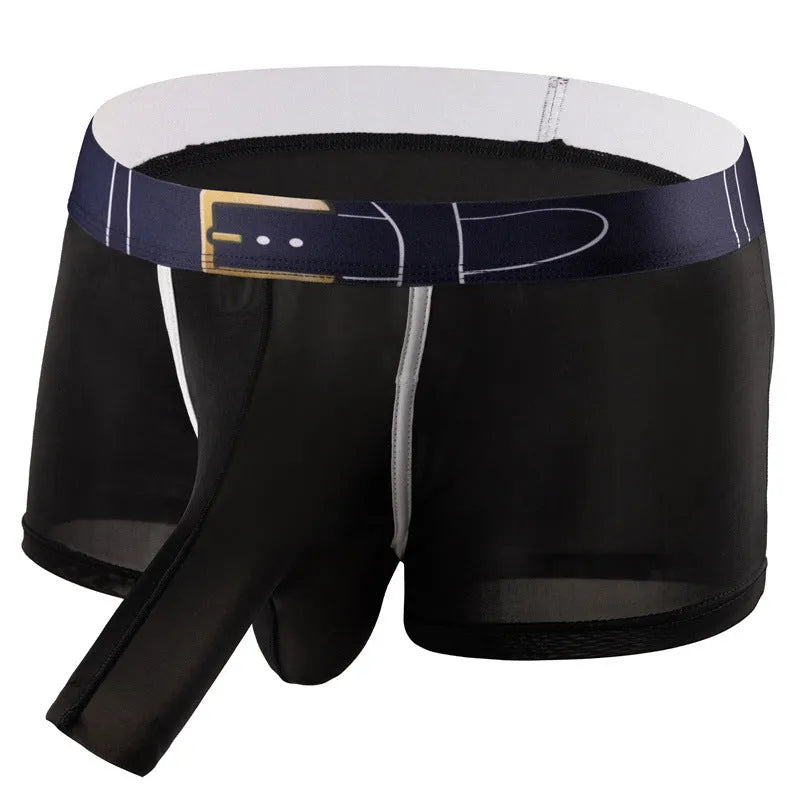 Men's solid colour ice silk boxers in mid-waist design showing grey, black, green, blue colour options