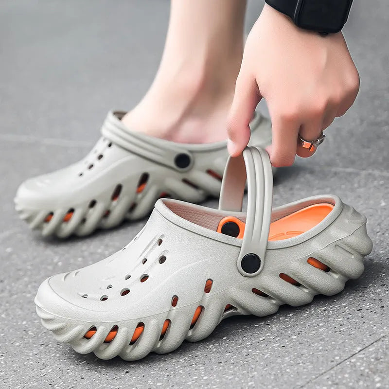 Men's beige ventilated EVA slipper sandals with round toe and non-slip sole pattern