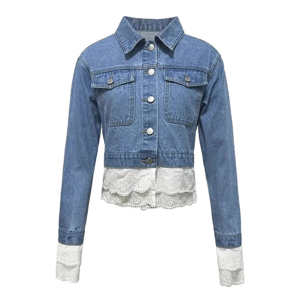 Blue women's denim jacket with lace stitching detail on the front, long sleeves.