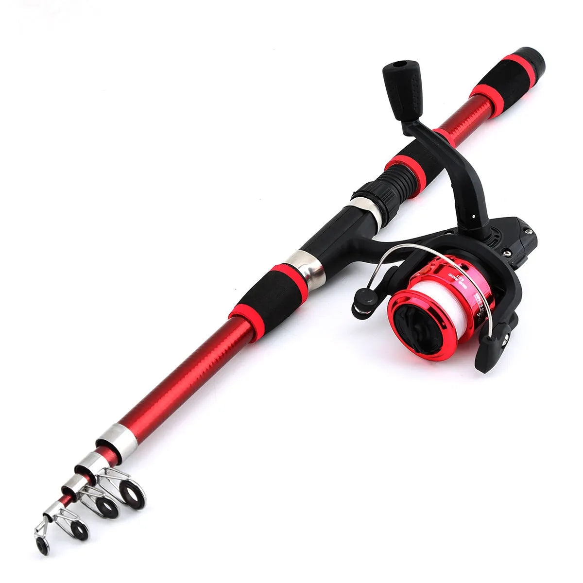Children's beginner fishing rod and reel set in blue, green, red, or yellow colour options.