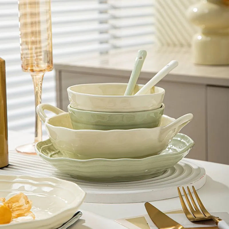 7-piece ceramic tableware set with solid colour design and modern simplicity style