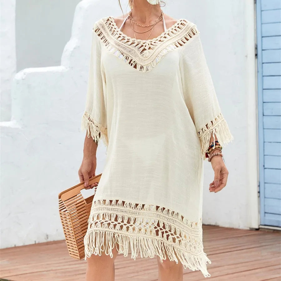 Apricot crocheted patchwork beach dress with half sleeves on hanger