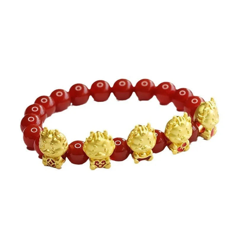 Red agate bracelet with Chinese five blessing dragon design on 8mm beads