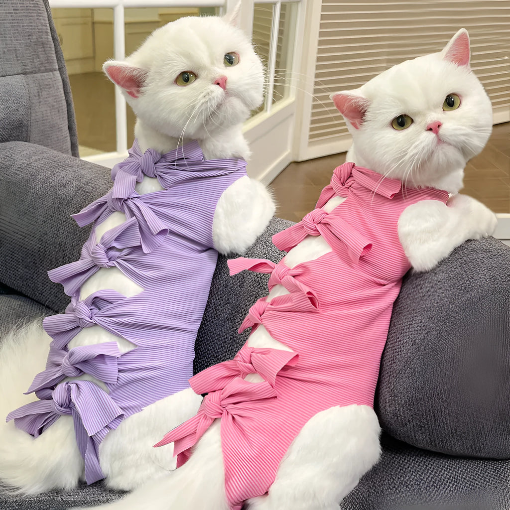 Lace-up polyester cat sterilisation recovery clothing shown in blue on a mannequin.