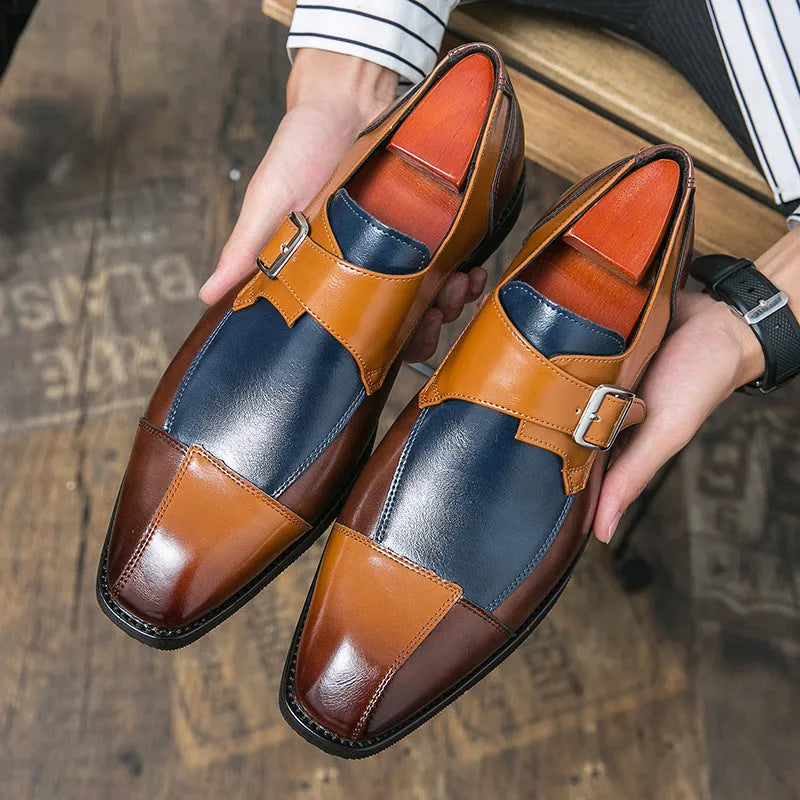 Men's British retro style buckle leather casual shoes in tall crown design with microfiber upper