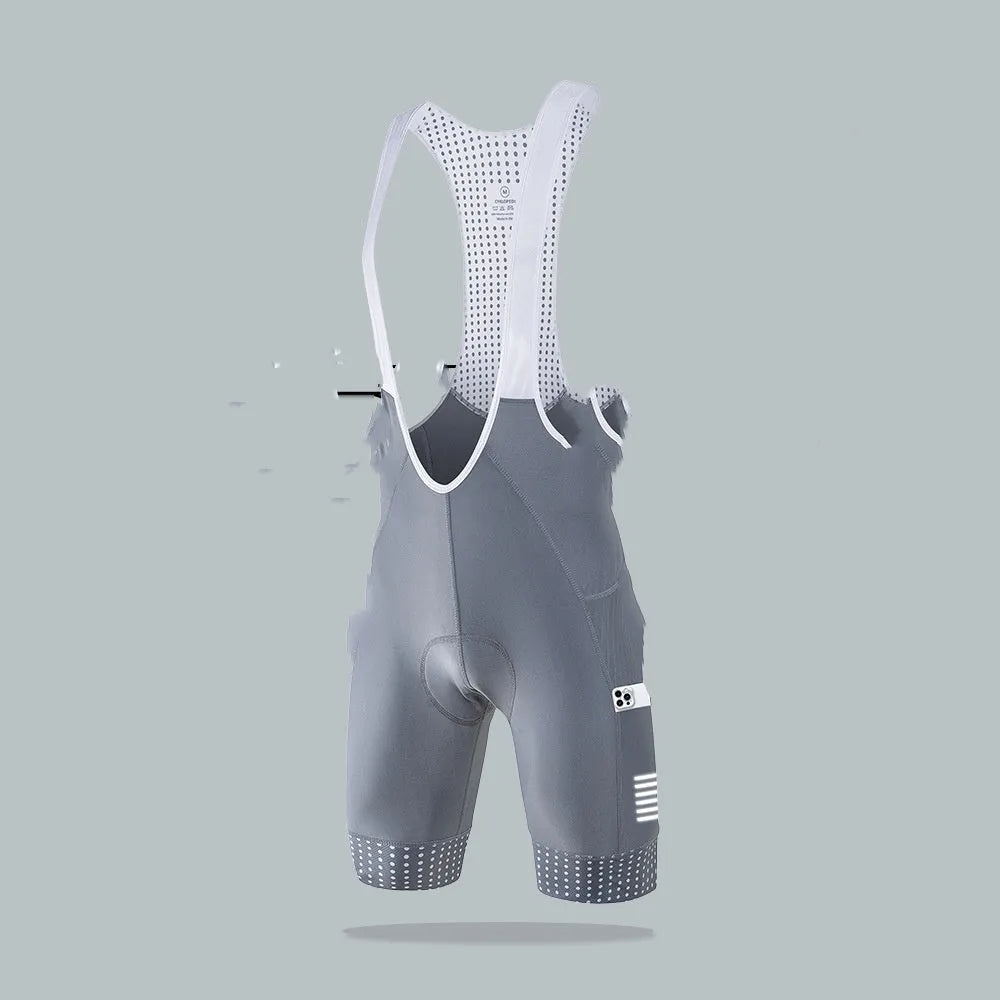 Men's polyester cycling suspender shorts in black for summer road bike rides